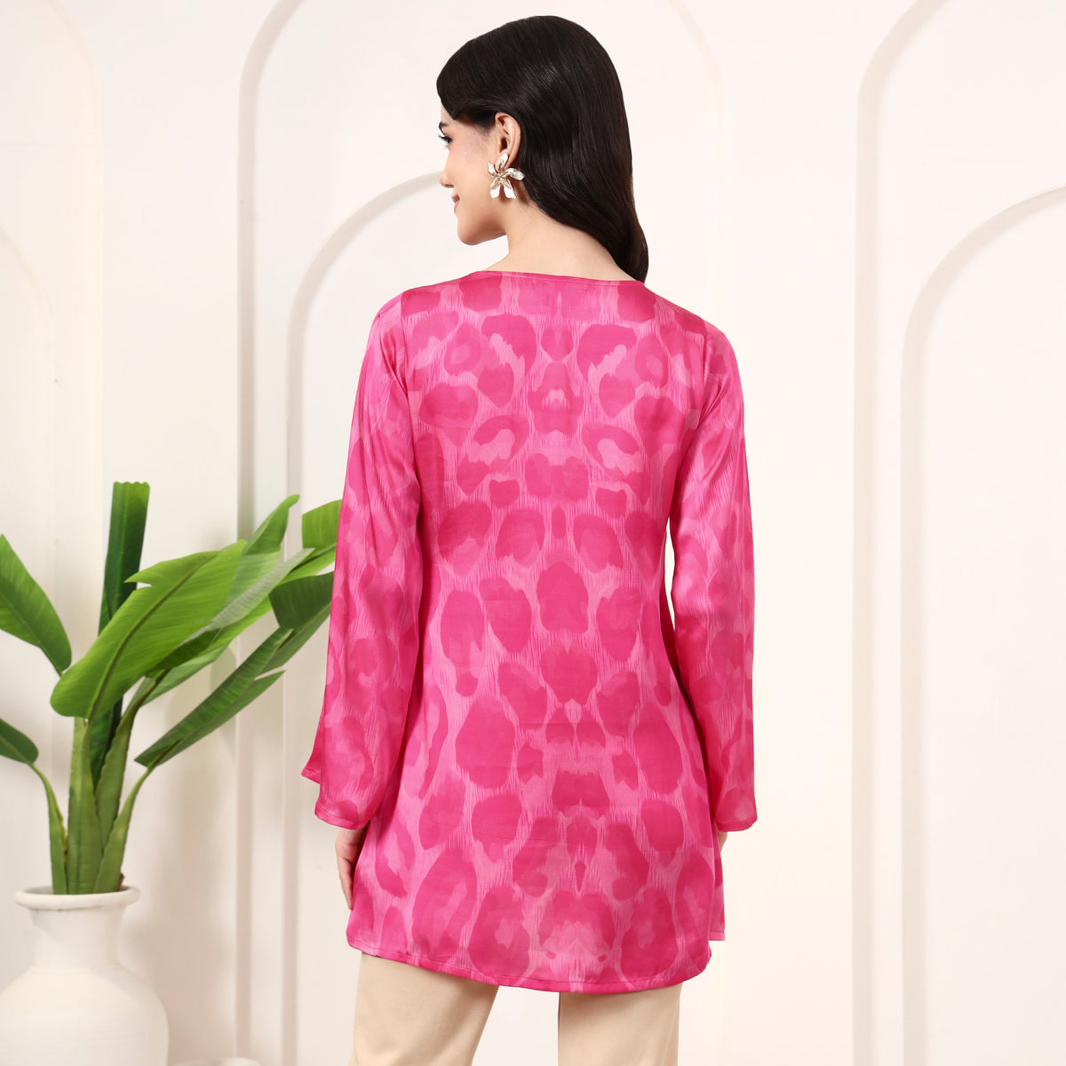 Fuchsia Abstract Print Top for Women – Bamberg Modal Satin – Detail View | First Resort by Ramola Bachchan