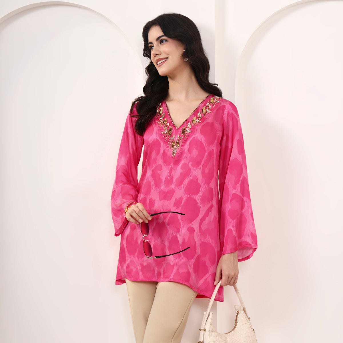 Fuchsia Abstract Print Top for Women – Bamberg Modal Satin – Back View | First Resort by Ramola Bachchan