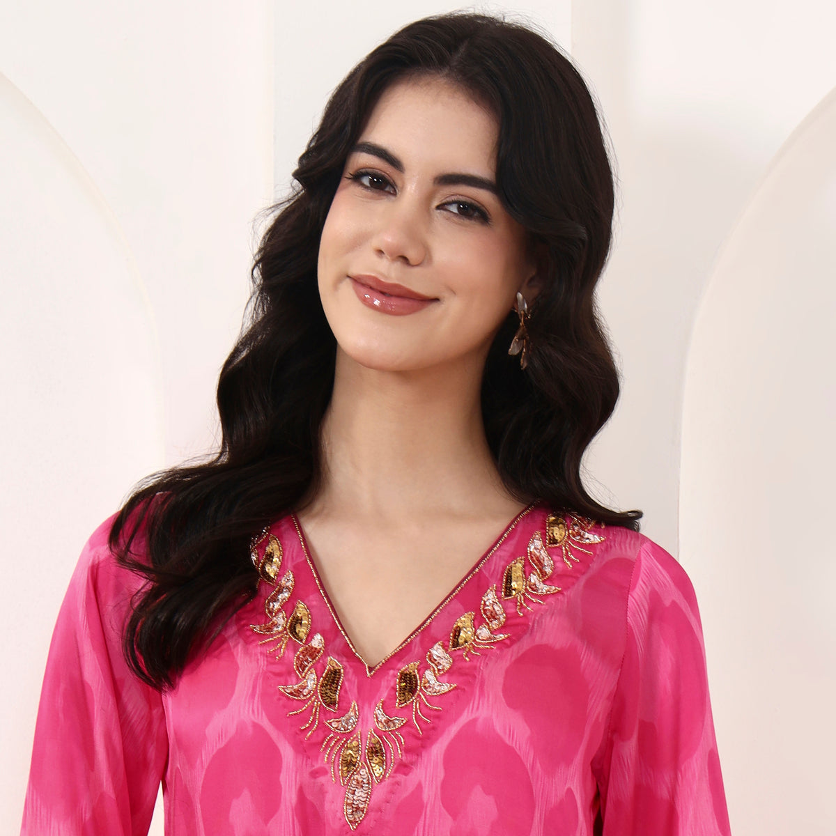Fuchsia Abstract Print Top for Women – Bamberg Modal Satin | First Resort by Ramola Bachchan