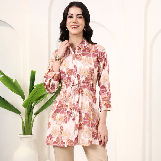 Beige and Brown Floral Print Top for Women – Cotton Satin | First Resort by Ramola Bachchan
