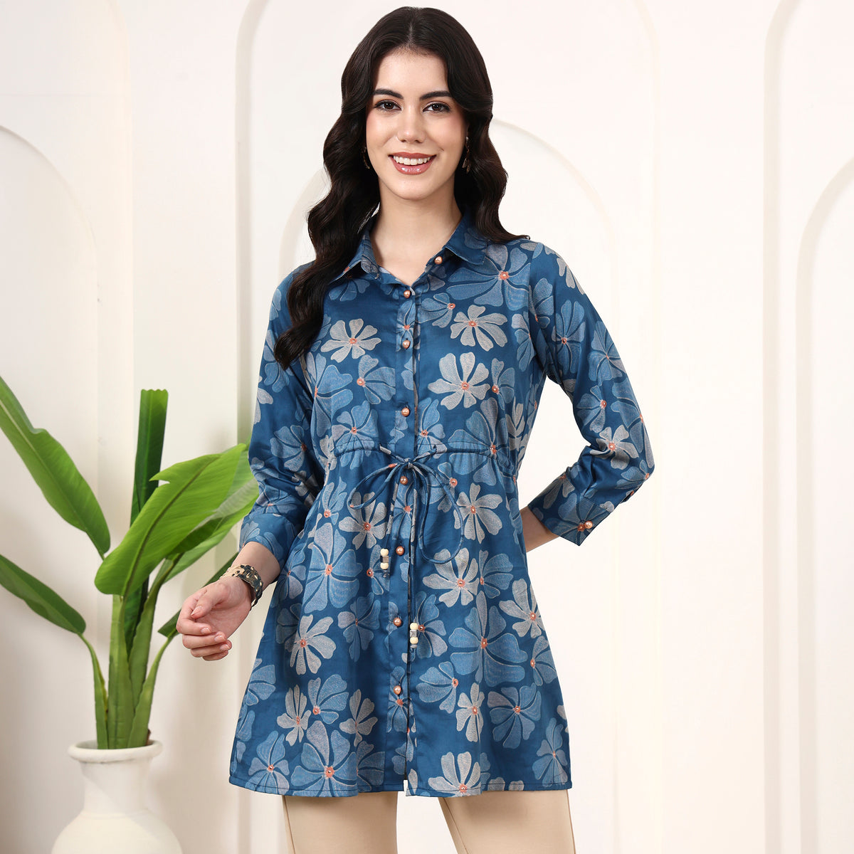 Blue Floral Print Top for Women – Cotton Satin | First Resort by Ramola Bachchan