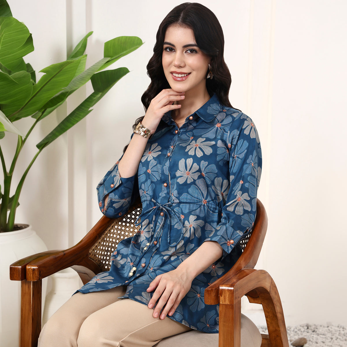 Blue Floral Print Top for Women – Cotton Satin – Front View | First Resort by Ramola Bachchan