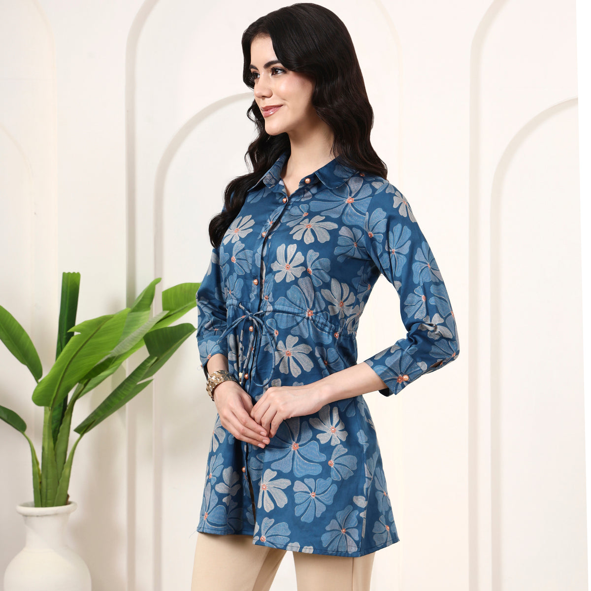 Blue Floral Print Top for Women – Cotton Satin – Model View | First Resort by Ramola Bachchan