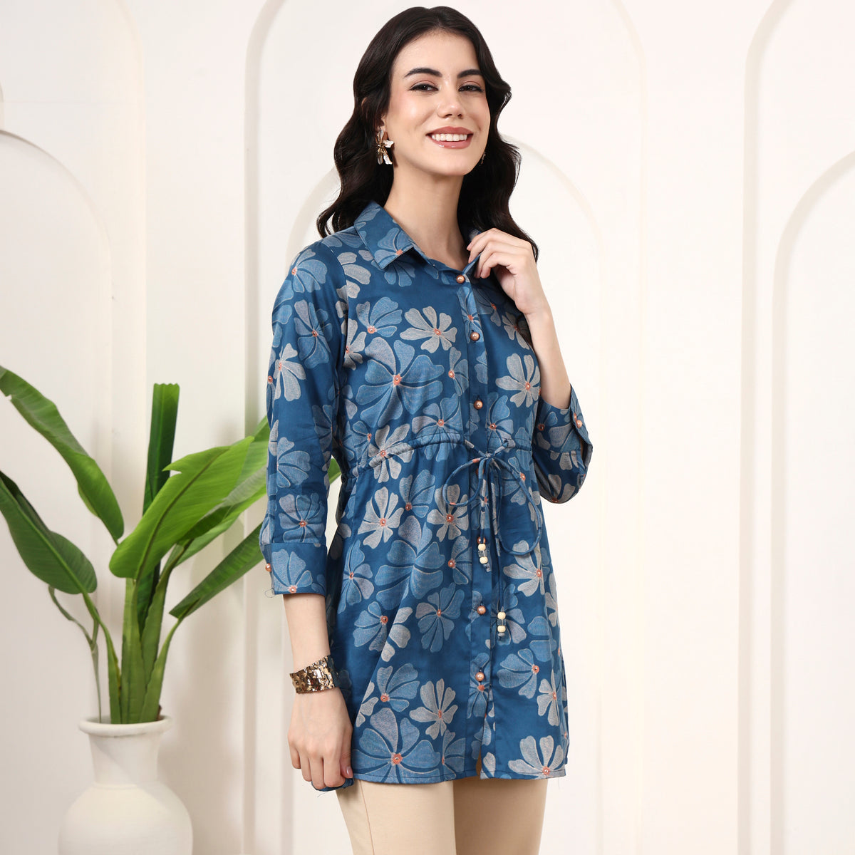 Blue Floral Print Top for Women – Cotton Satin – Side View | First Resort by Ramola Bachchan