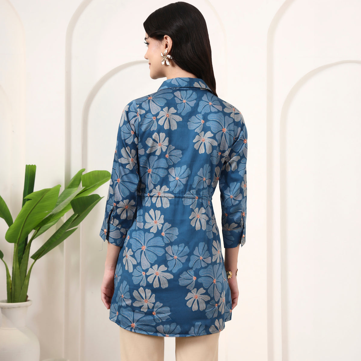 Blue Floral Print Top for Women – Cotton Satin – Detail View | First Resort by Ramola Bachchan