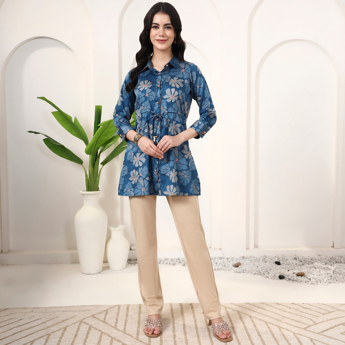 Blue Floral Print Top for Women – Cotton Satin – Close Up | First Resort by Ramola Bachchan