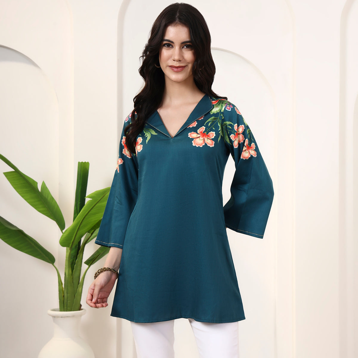 Blue Floral Print Top for Women – Cotton Satin | First Resort by Ramola Bachchan