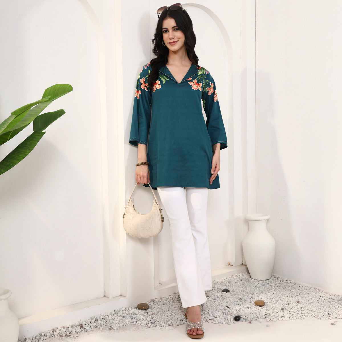 Blue Floral Print Top for Women – Cotton Satin – Front View | First Resort by Ramola Bachchan