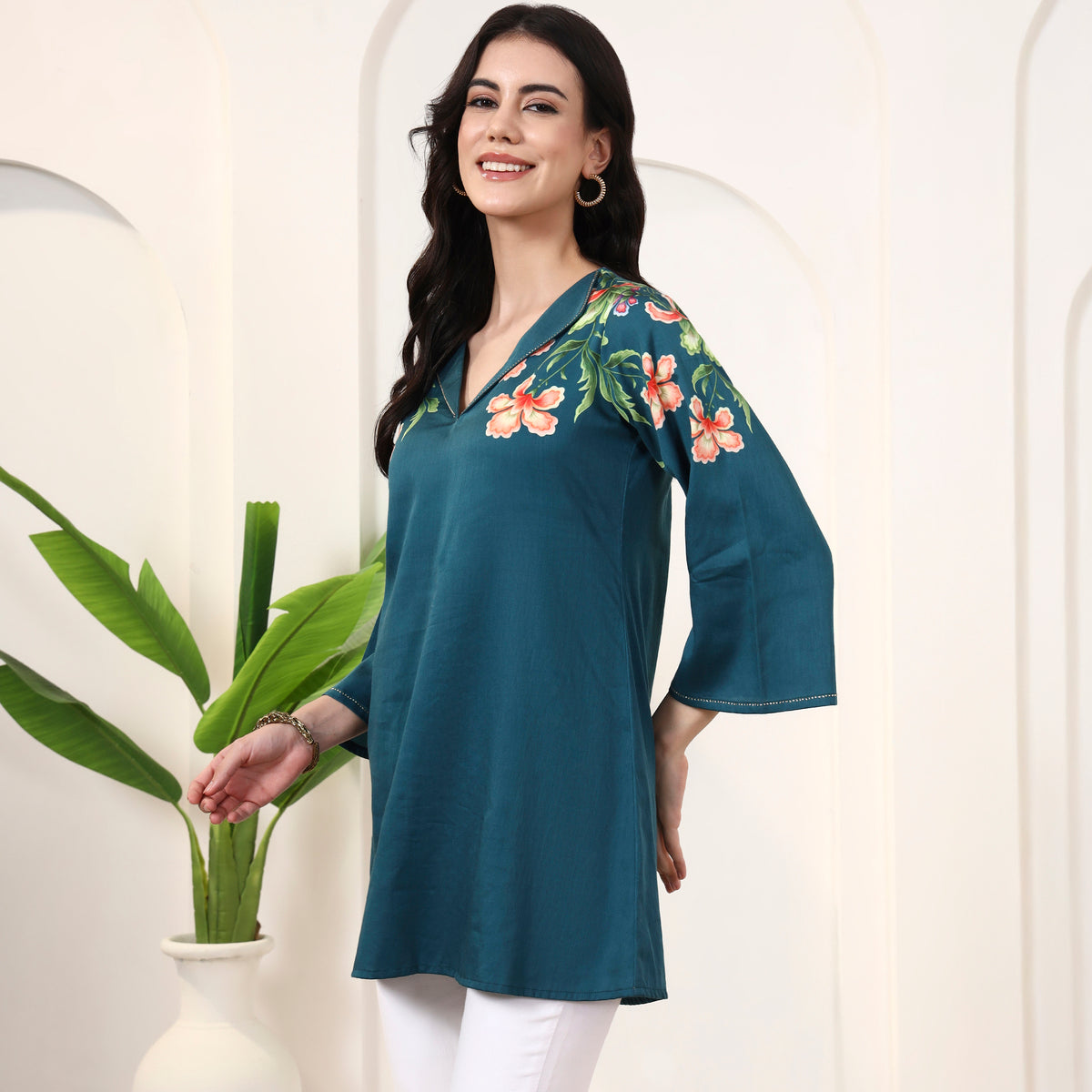 Blue Floral Print Top for Women – Cotton Satin – Model View | First Resort by Ramola Bachchan
