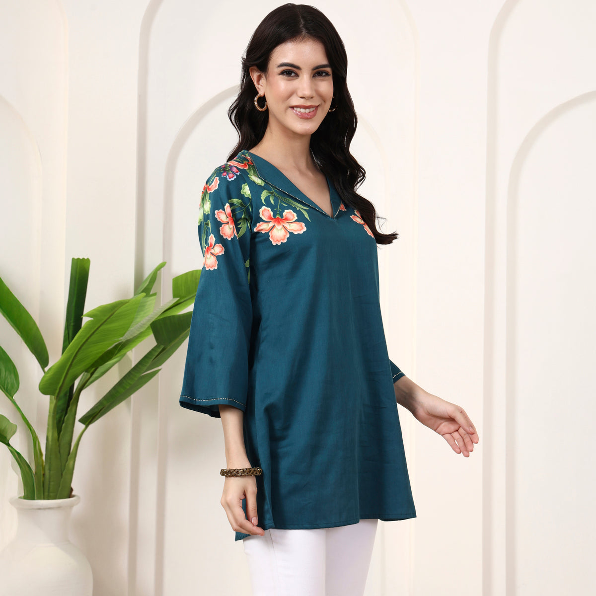 Blue Floral Print Top for Women – Cotton Satin – Side View | First Resort by Ramola Bachchan