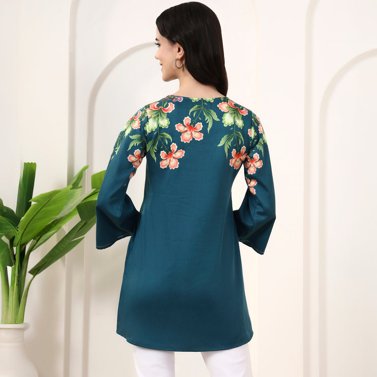 Blue Floral Print Top for Women – Cotton Satin – Detail View | First Resort by Ramola Bachchan
