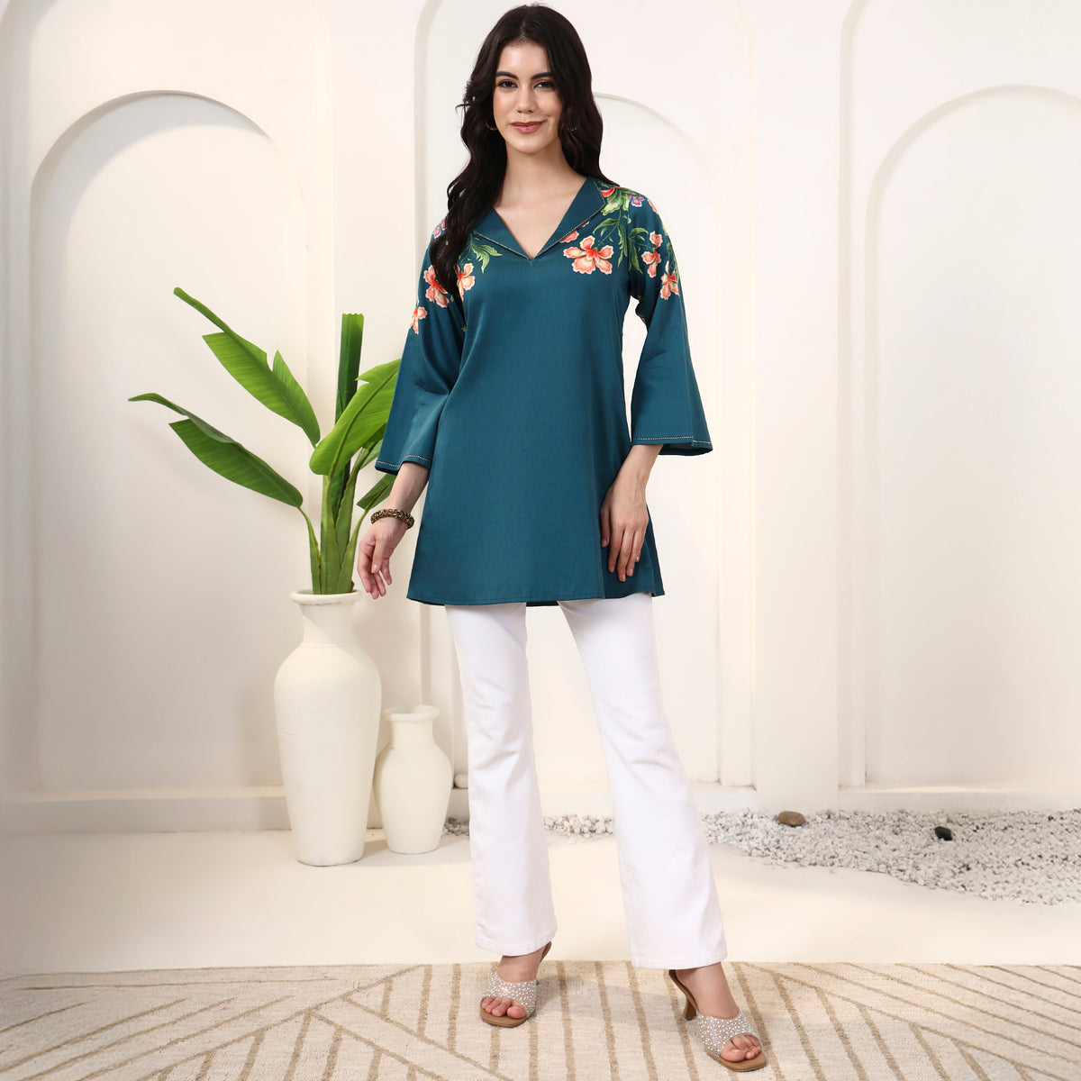 Blue Floral Print Top for Women – Cotton Satin – Close Up | First Resort by Ramola Bachchan