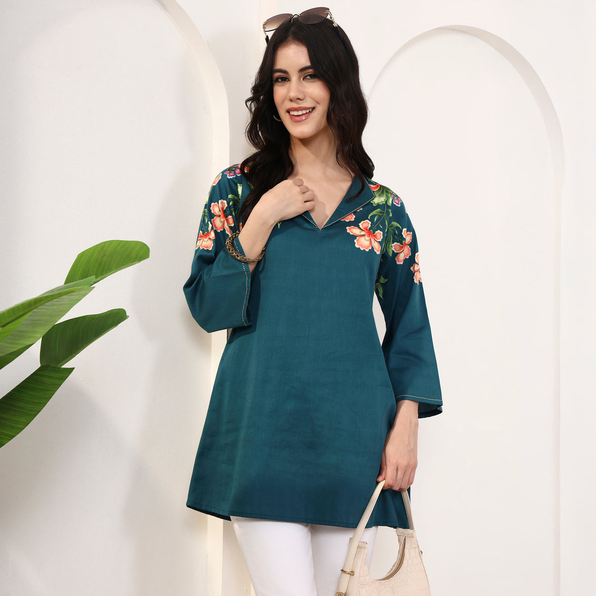 Blue Floral Print Top for Women – Cotton Satin | First Resort by Ramola Bachchan