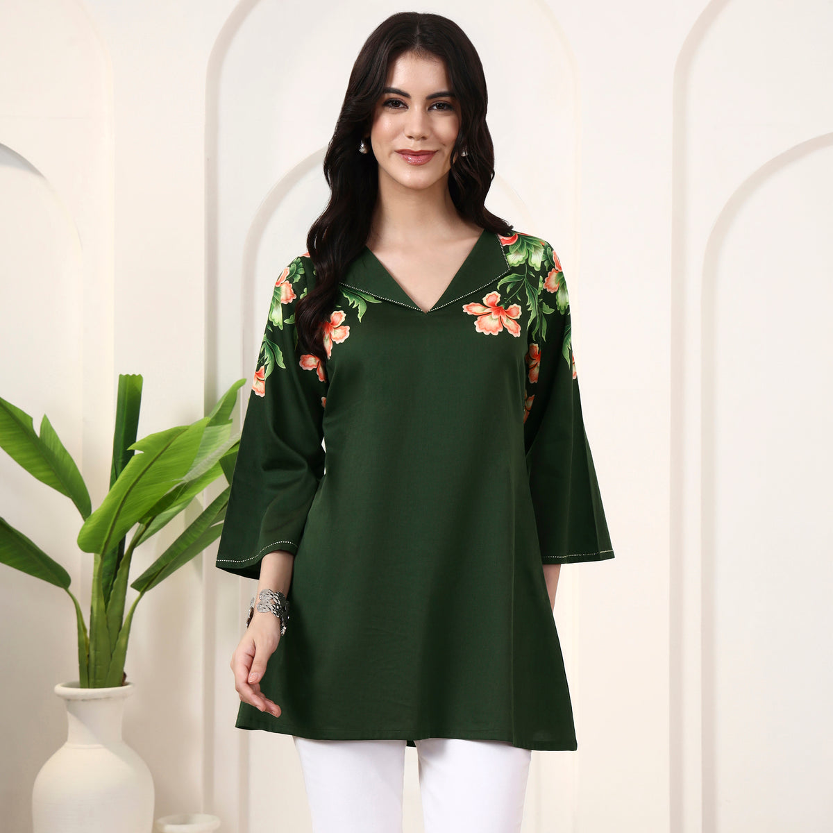 Green Floral Print Top for Women – Cotton Satin | First Resort by Ramola Bachchan