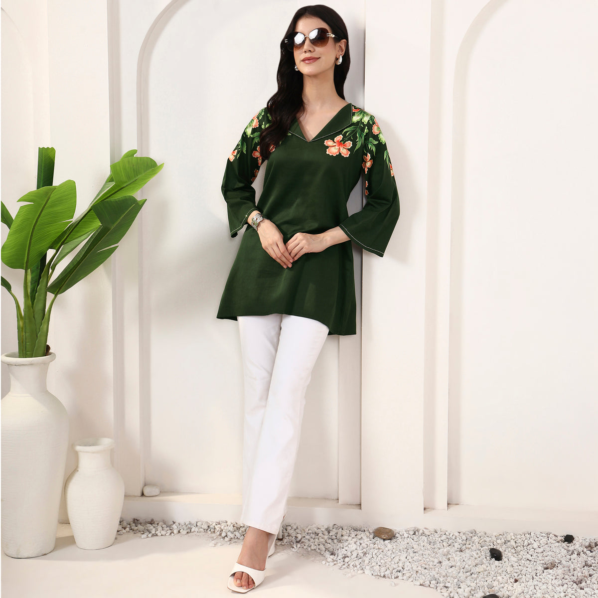 Green Floral Print Top for Women – Cotton Satin – Front View | First Resort by Ramola Bachchan