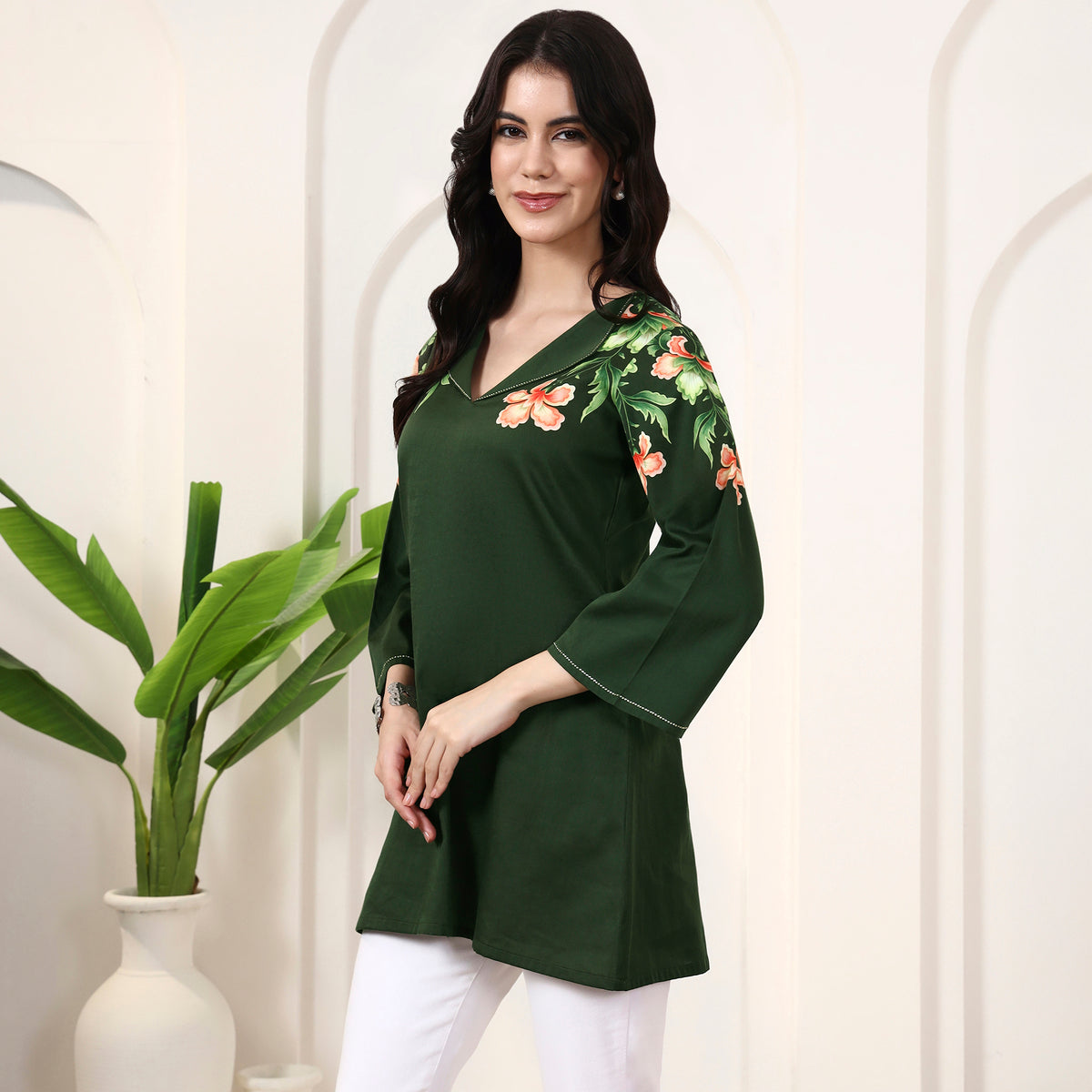 Green Floral Print Top for Women – Cotton Satin – Model View | First Resort by Ramola Bachchan