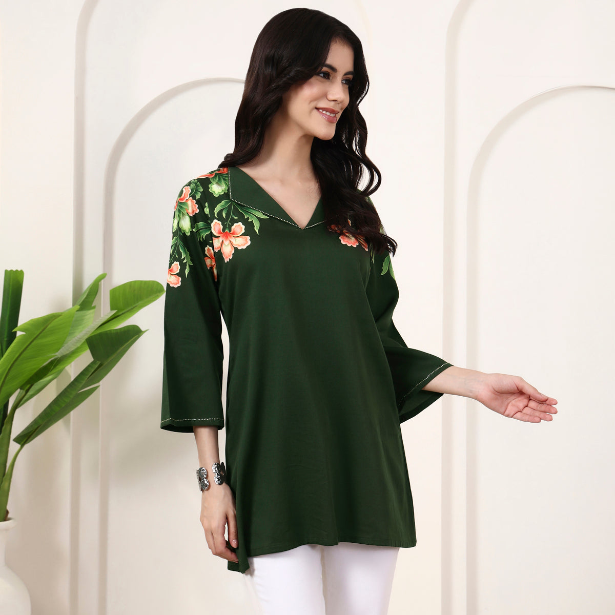 Green Floral Print Top for Women – Cotton Satin – Side View | First Resort by Ramola Bachchan