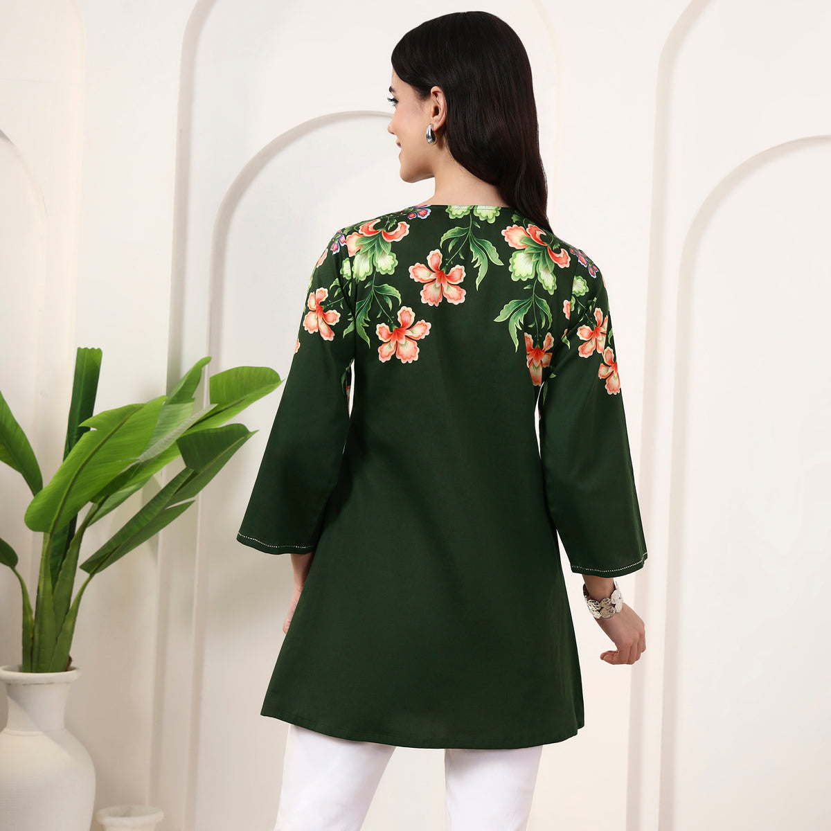Green Floral Print Top for Women – Cotton Satin – Detail View | First Resort by Ramola Bachchan