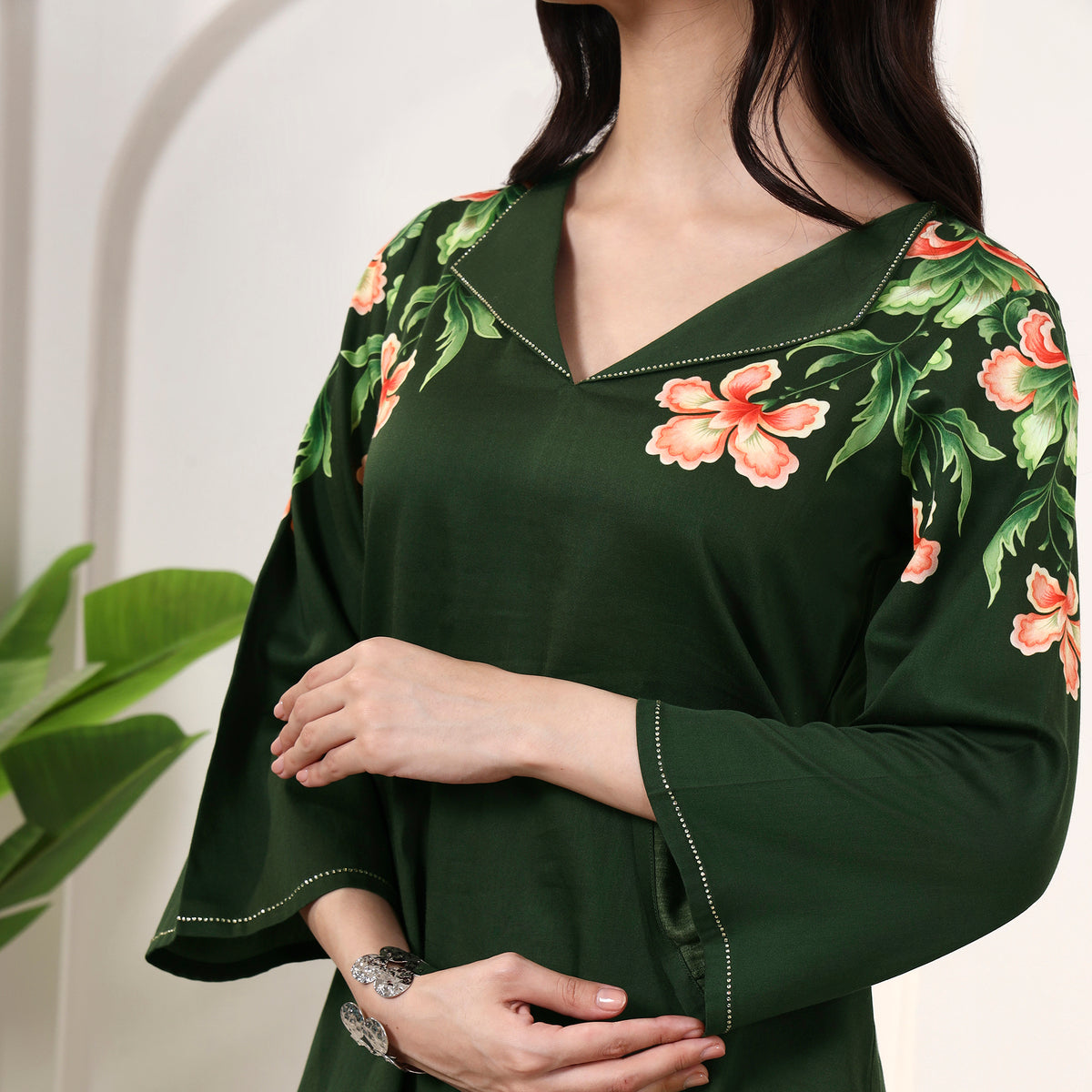 Green Floral Print Top for Women – Cotton Satin – Back View | First Resort by Ramola Bachchan