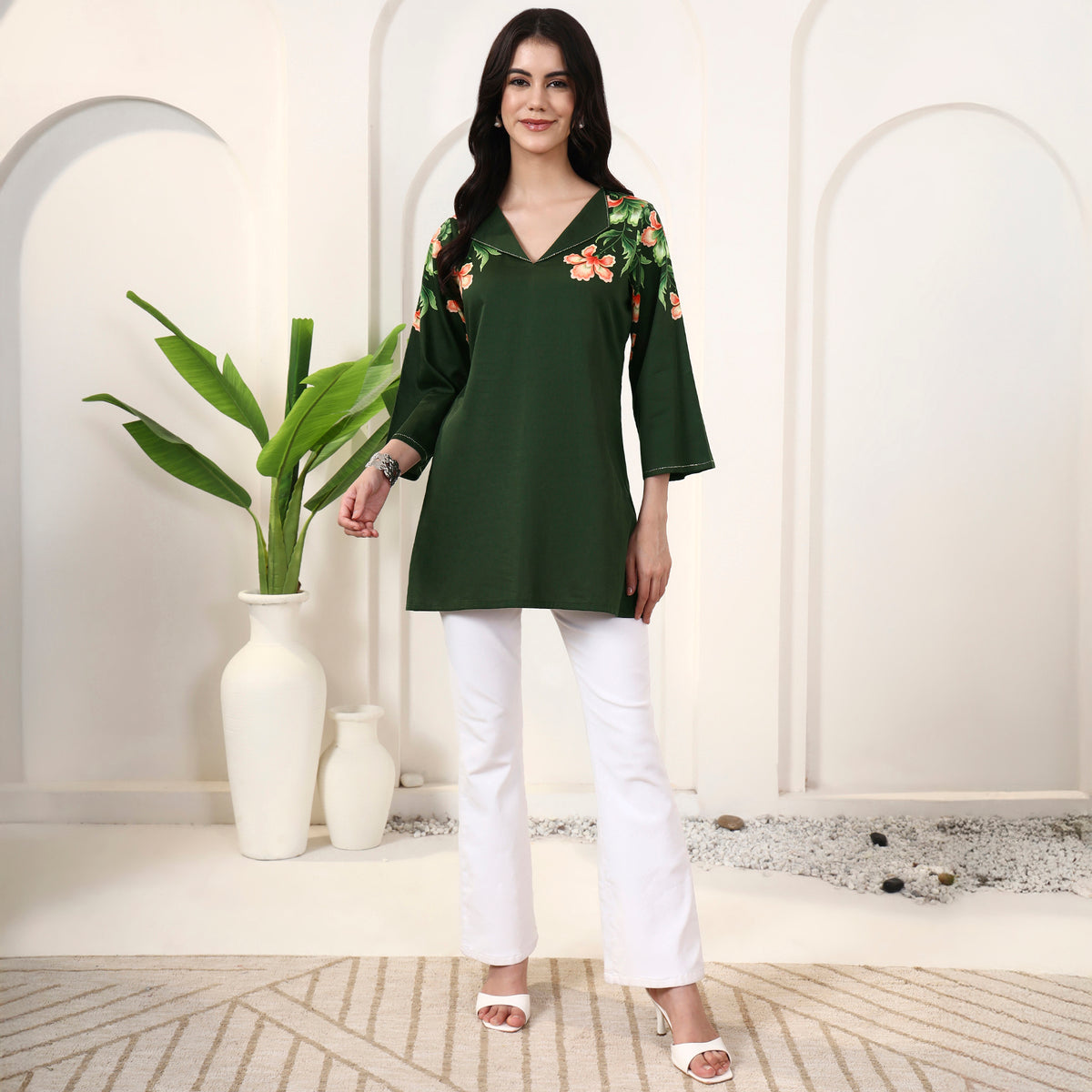 Green Floral Print Top for Women – Cotton Satin – Close Up | First Resort by Ramola Bachchan