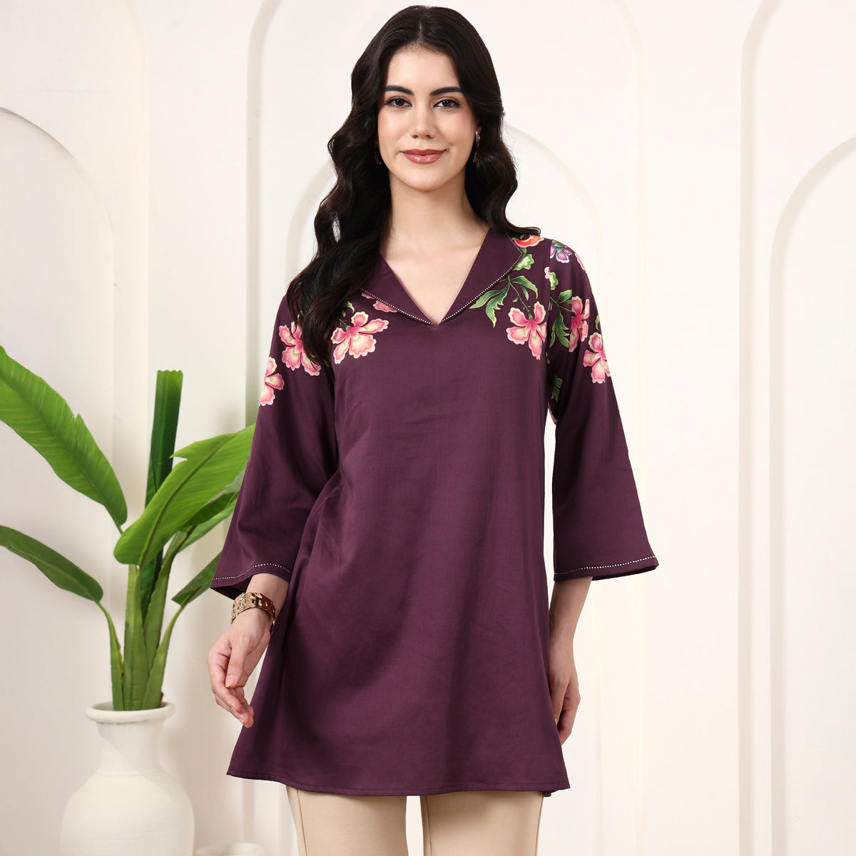 Maroon Floral Print Top for Women – Cotton Satin | First Resort by Ramola Bachchan
