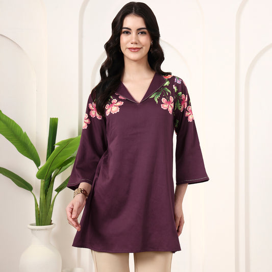 Maroon Floral Print Top for Women – Cotton Satin | First Resort by Ramola Bachchan