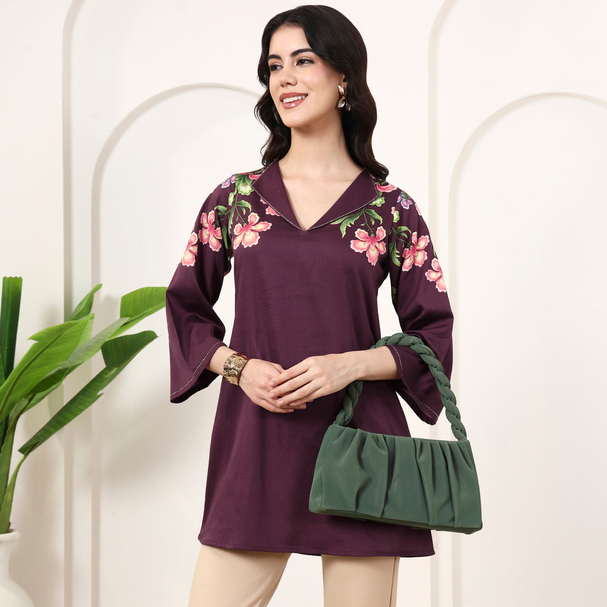 Maroon Floral Print Top for Women – Cotton Satin – Front View | First Resort by Ramola Bachchan