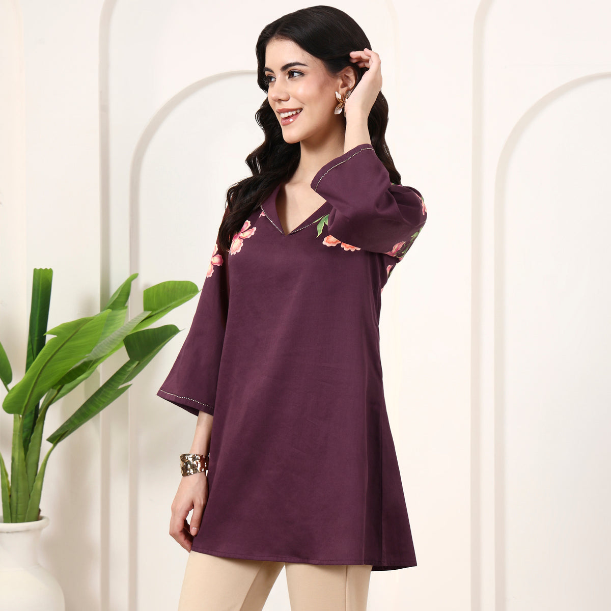 Maroon Floral Print Top for Women – Cotton Satin – Model View | First Resort by Ramola Bachchan