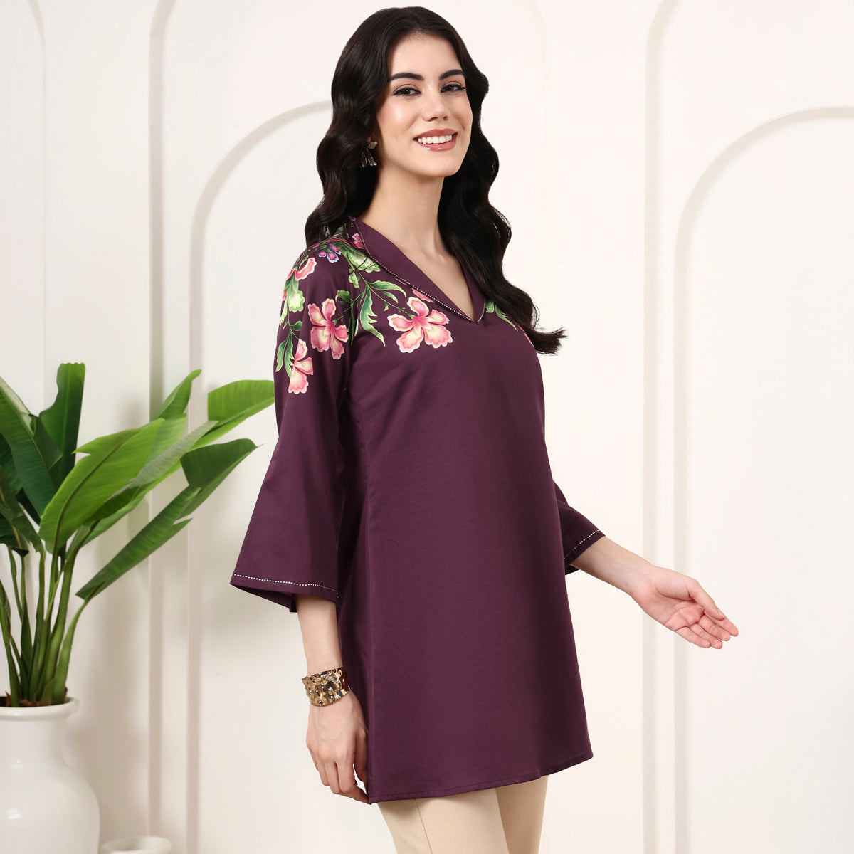 Maroon Floral Print Top for Women – Cotton Satin – Side View | First Resort by Ramola Bachchan