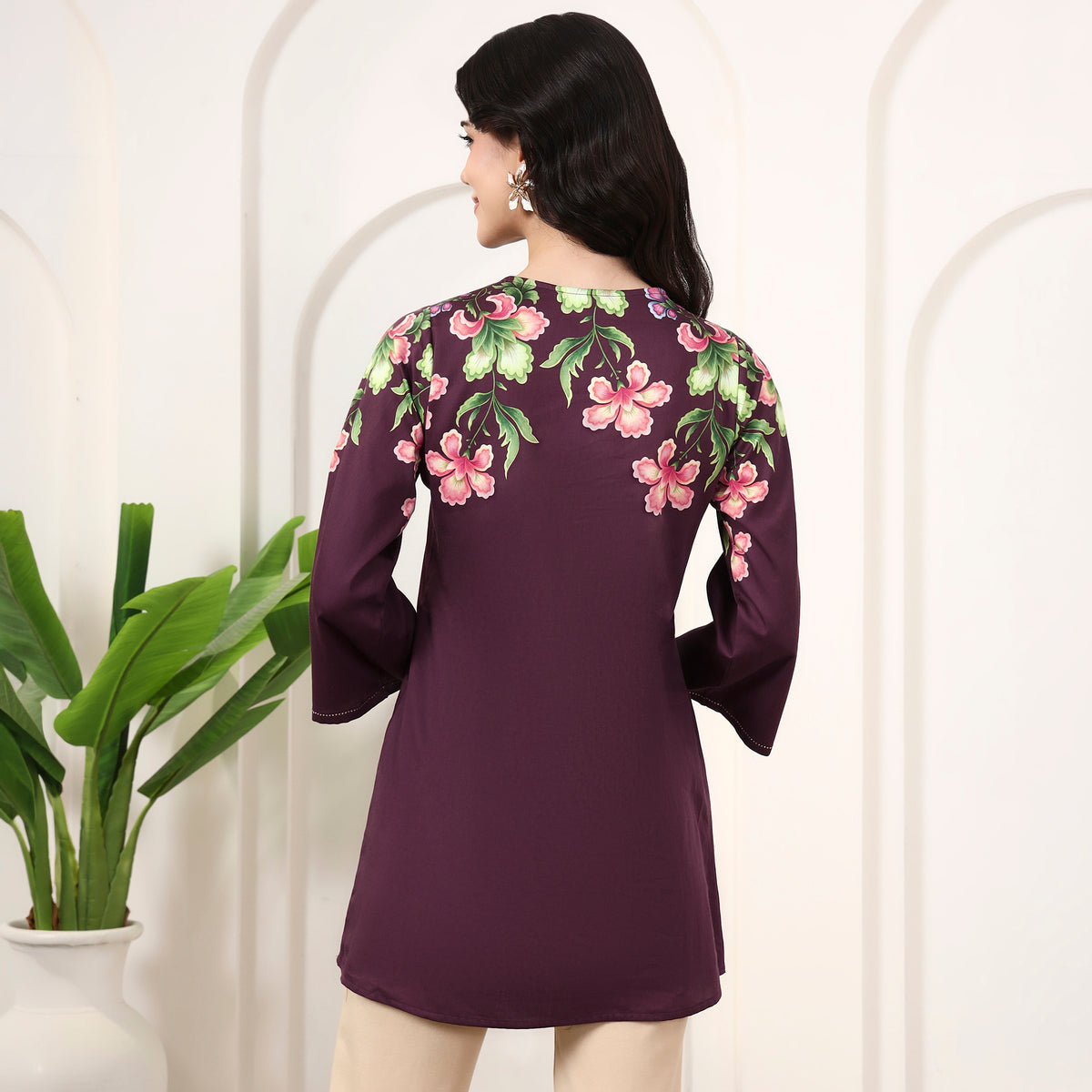 Maroon Floral Print Top for Women – Cotton Satin – Detail View | First Resort by Ramola Bachchan