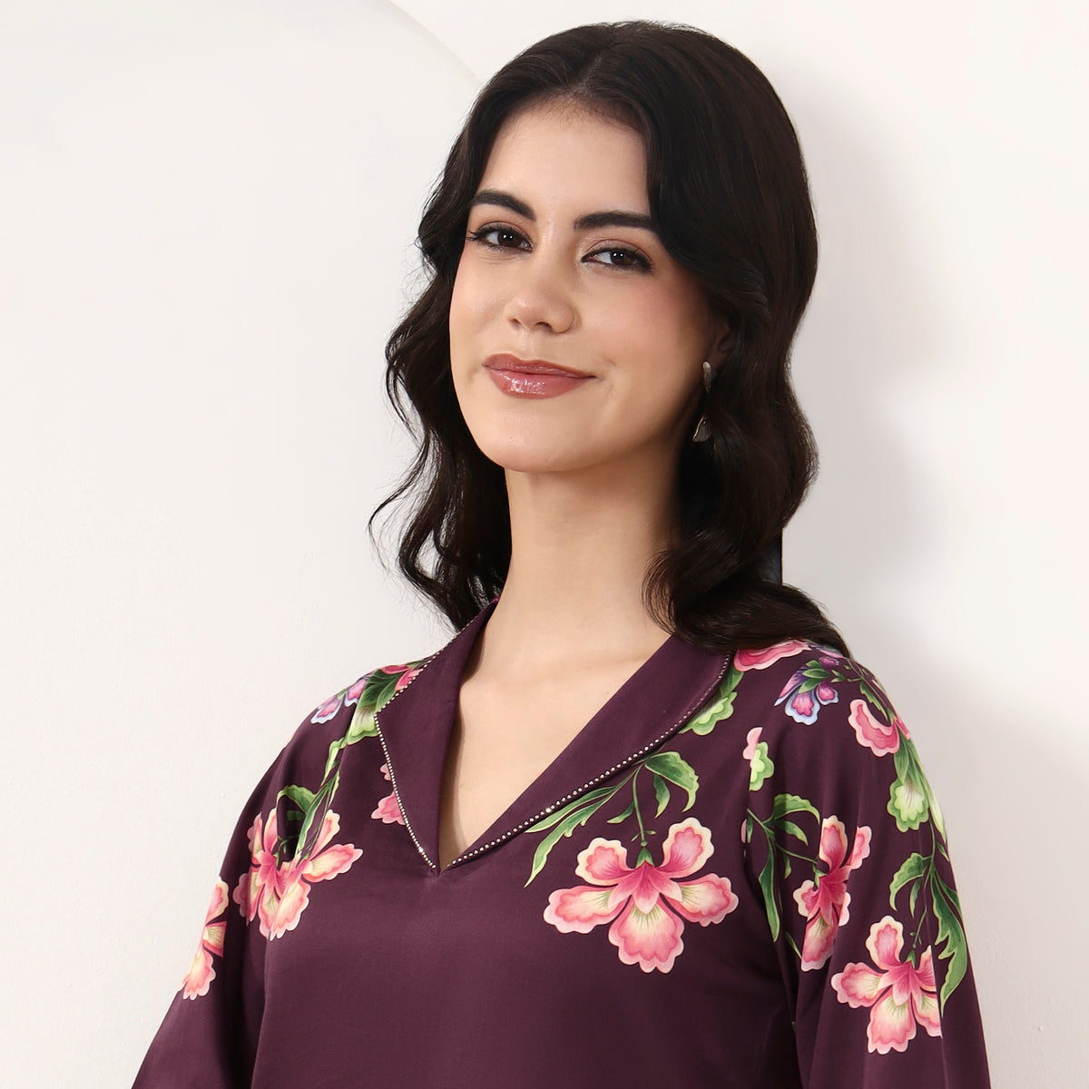 Maroon Floral Print Top for Women – Cotton Satin – Back View | First Resort by Ramola Bachchan