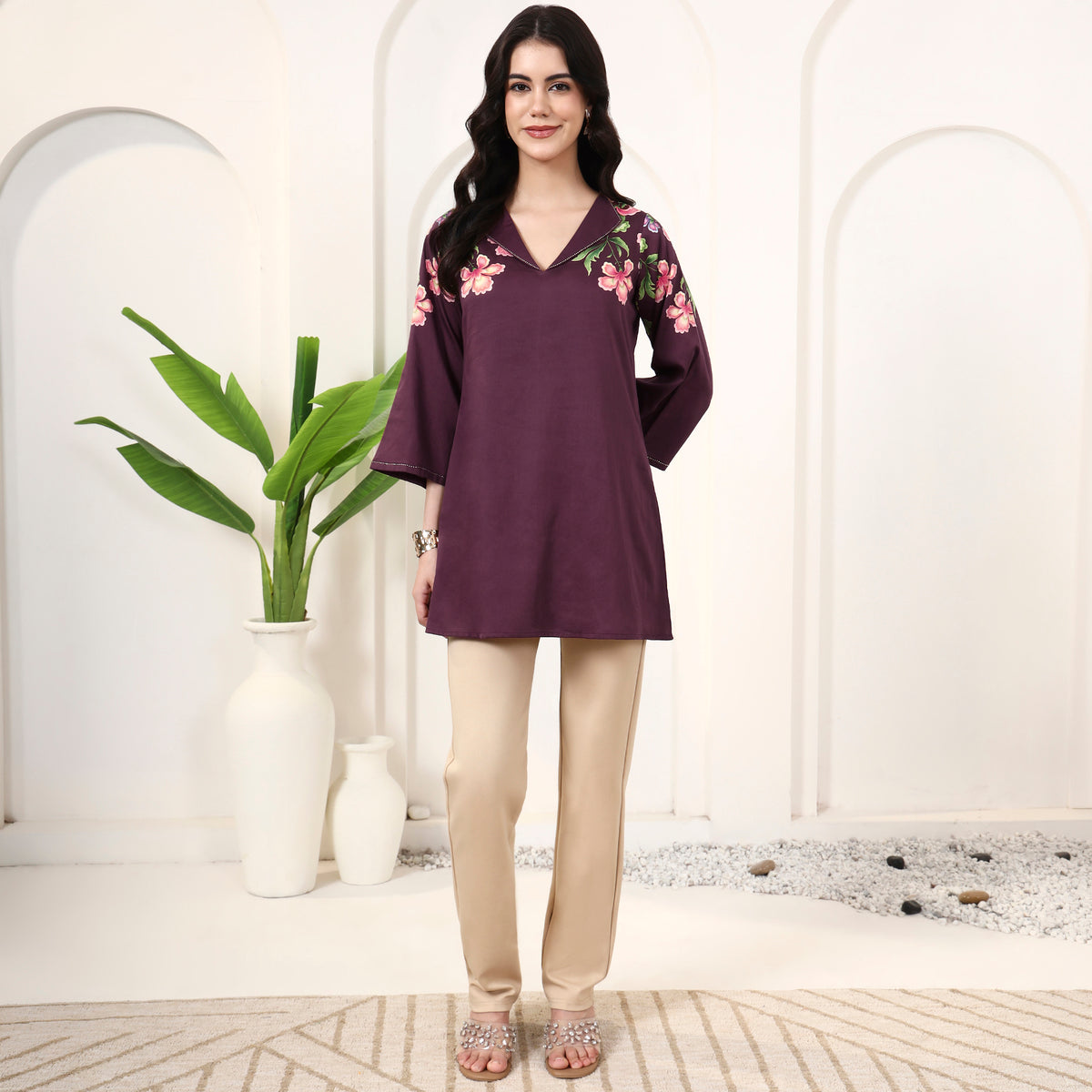 Maroon Floral Print Top for Women – Cotton Satin – Close Up | First Resort by Ramola Bachchan