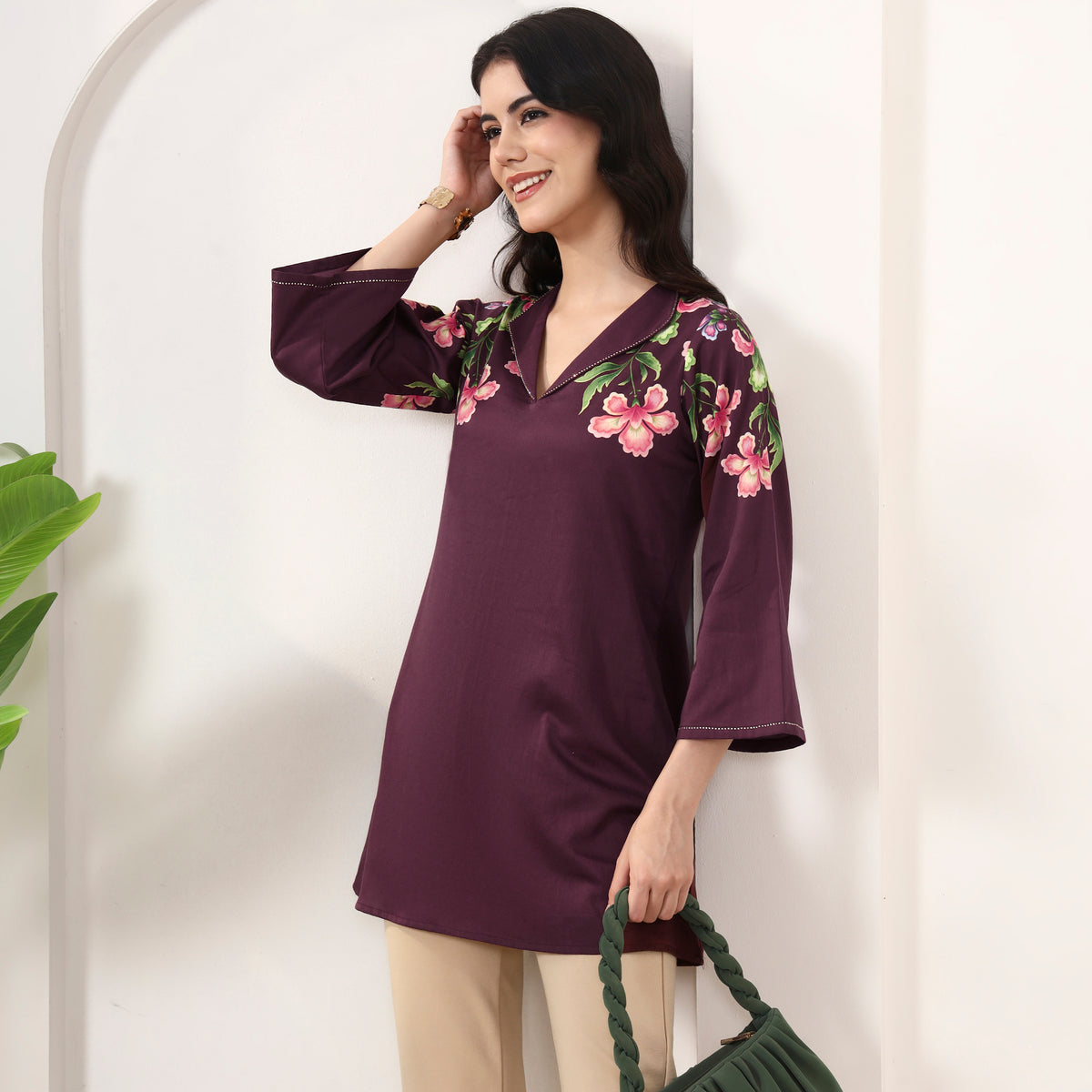 Maroon Floral Print Top for Women – Cotton Satin | First Resort by Ramola Bachchan