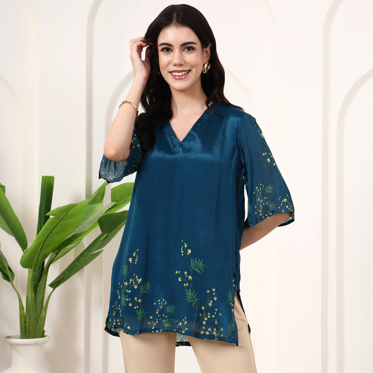 Teal Blue Floral Print Top for Women – Viscose Chinon Chiffon | First Resort by Ramola Bachchan