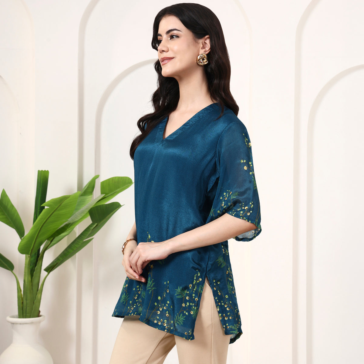 Teal Blue Floral Print Top for Women – Viscose Chinon Chiffon – Model View | First Resort by Ramola Bachchan