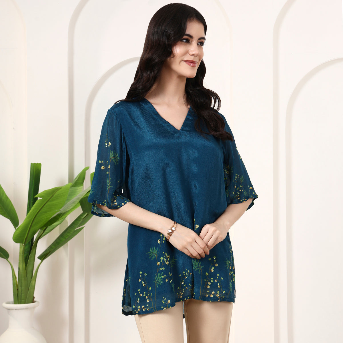 Teal Blue Floral Print Top for Women – Viscose Chinon Chiffon – Side View | First Resort by Ramola Bachchan