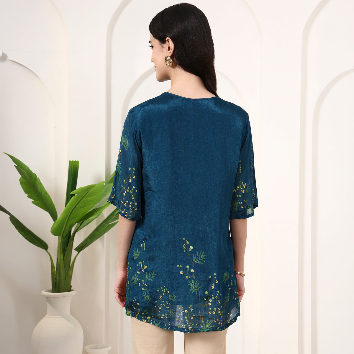 Teal Blue Floral Print Top for Women – Viscose Chinon Chiffon – Detail View | First Resort by Ramola Bachchan