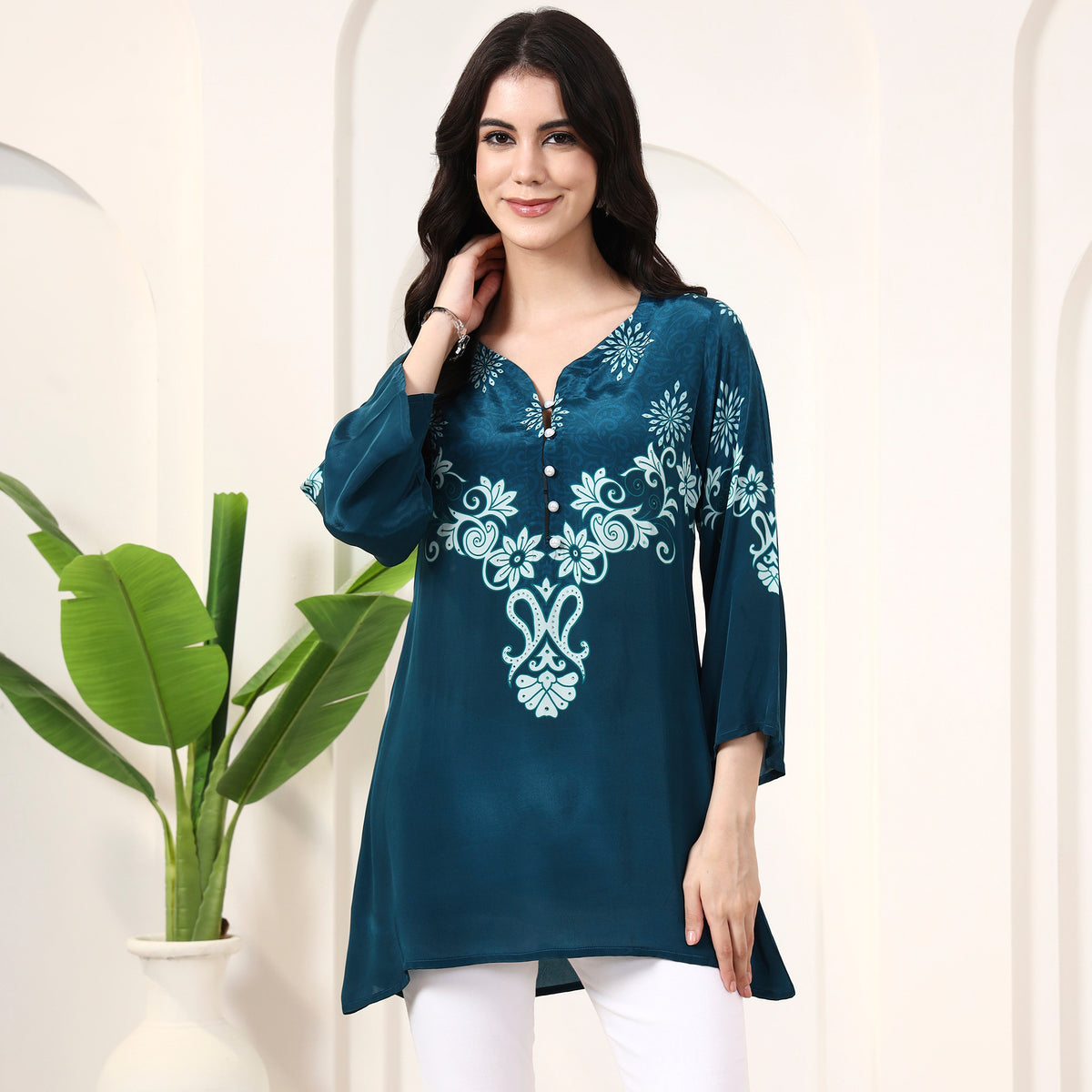 Teal Floral Print Top for Women – Viscose Crepe | First Resort by Ramola Bachchan
