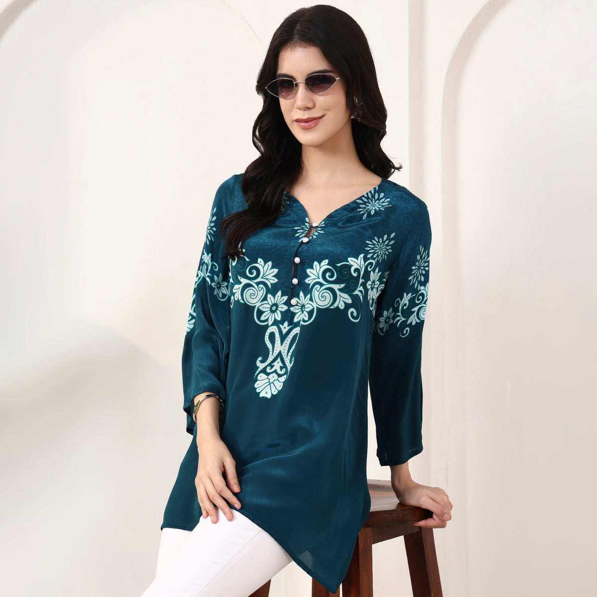 Teal Floral Print Top for Women – Viscose Crepe – Front View | First Resort by Ramola Bachchan