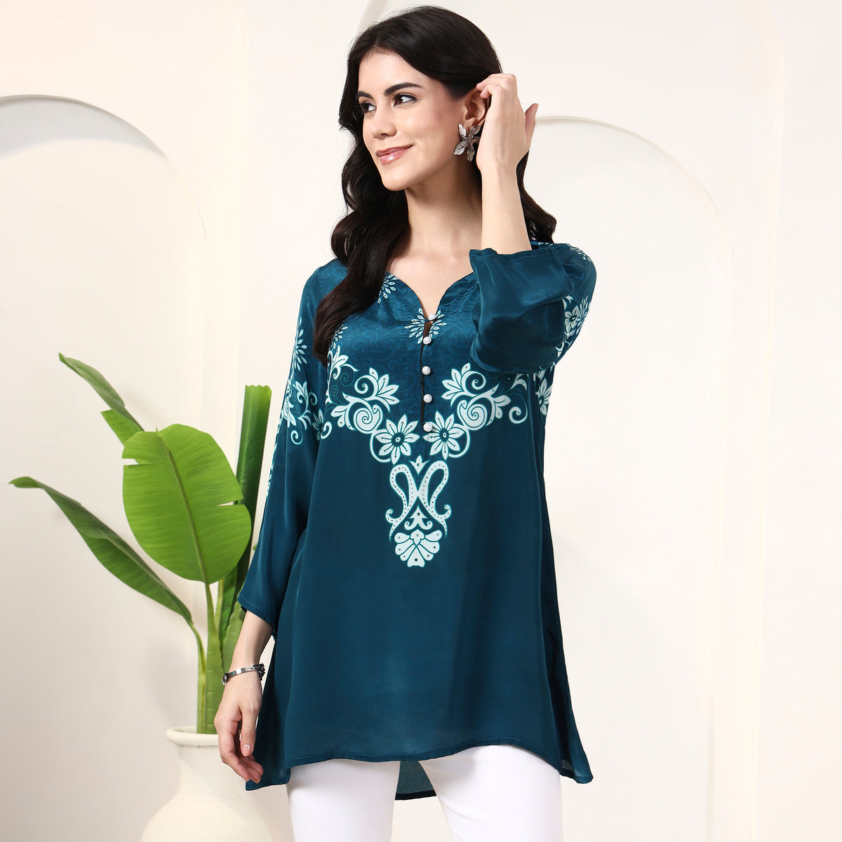 Teal Floral Print Top for Women – Viscose Crepe – Model View | First Resort by Ramola Bachchan