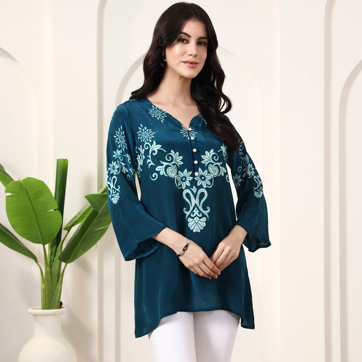 Teal Floral Print Top for Women – Viscose Crepe – Side View | First Resort by Ramola Bachchan