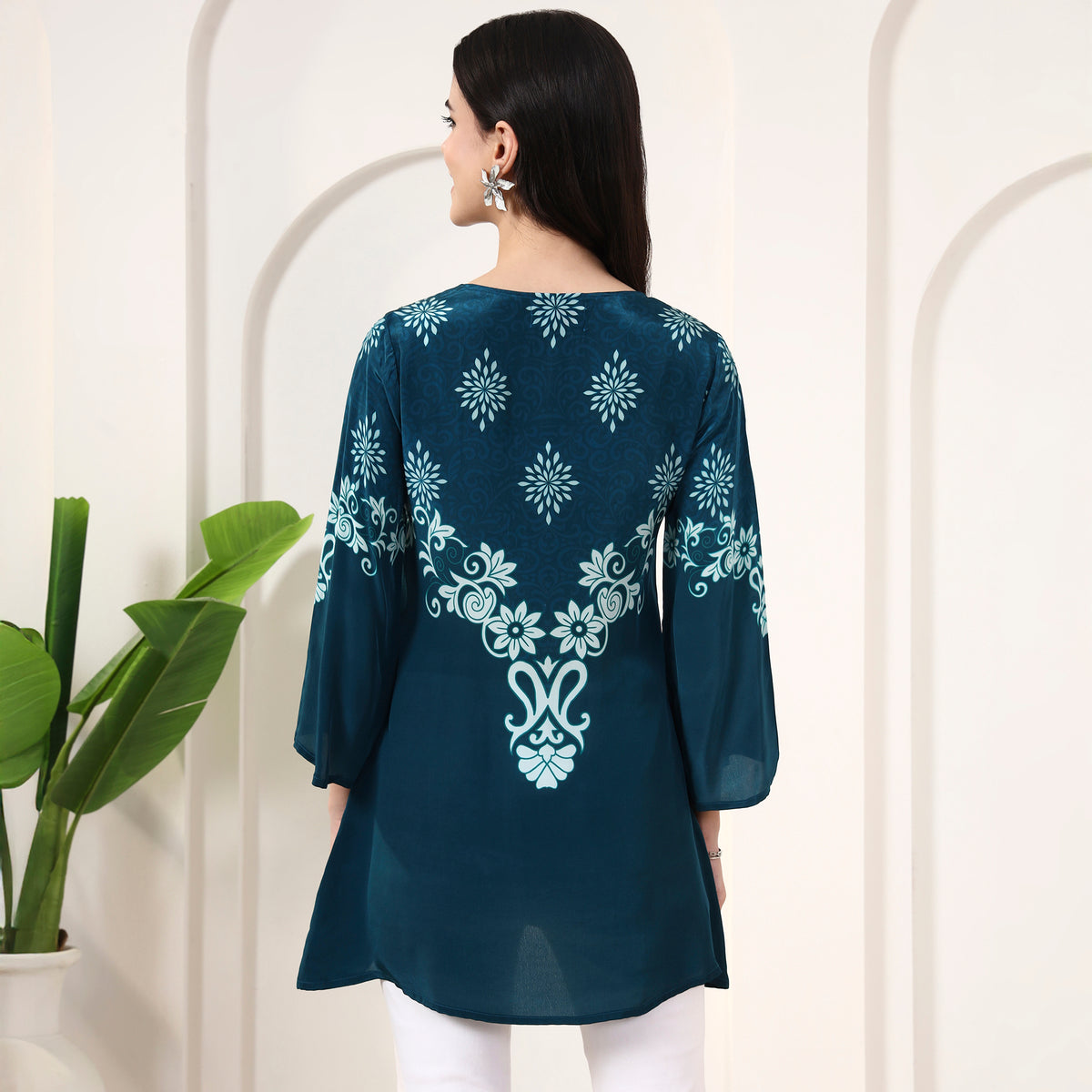Teal Floral Print Top for Women – Viscose Crepe – Detail View | First Resort by Ramola Bachchan