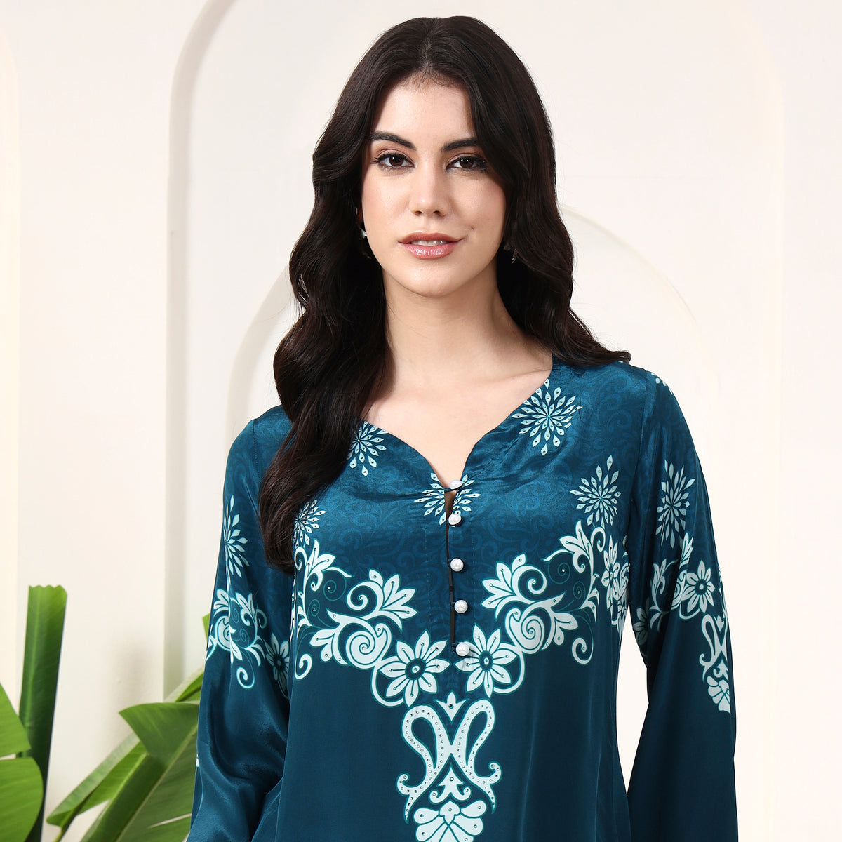 Teal Floral Print Top for Women – Viscose Crepe – Back View | First Resort by Ramola Bachchan