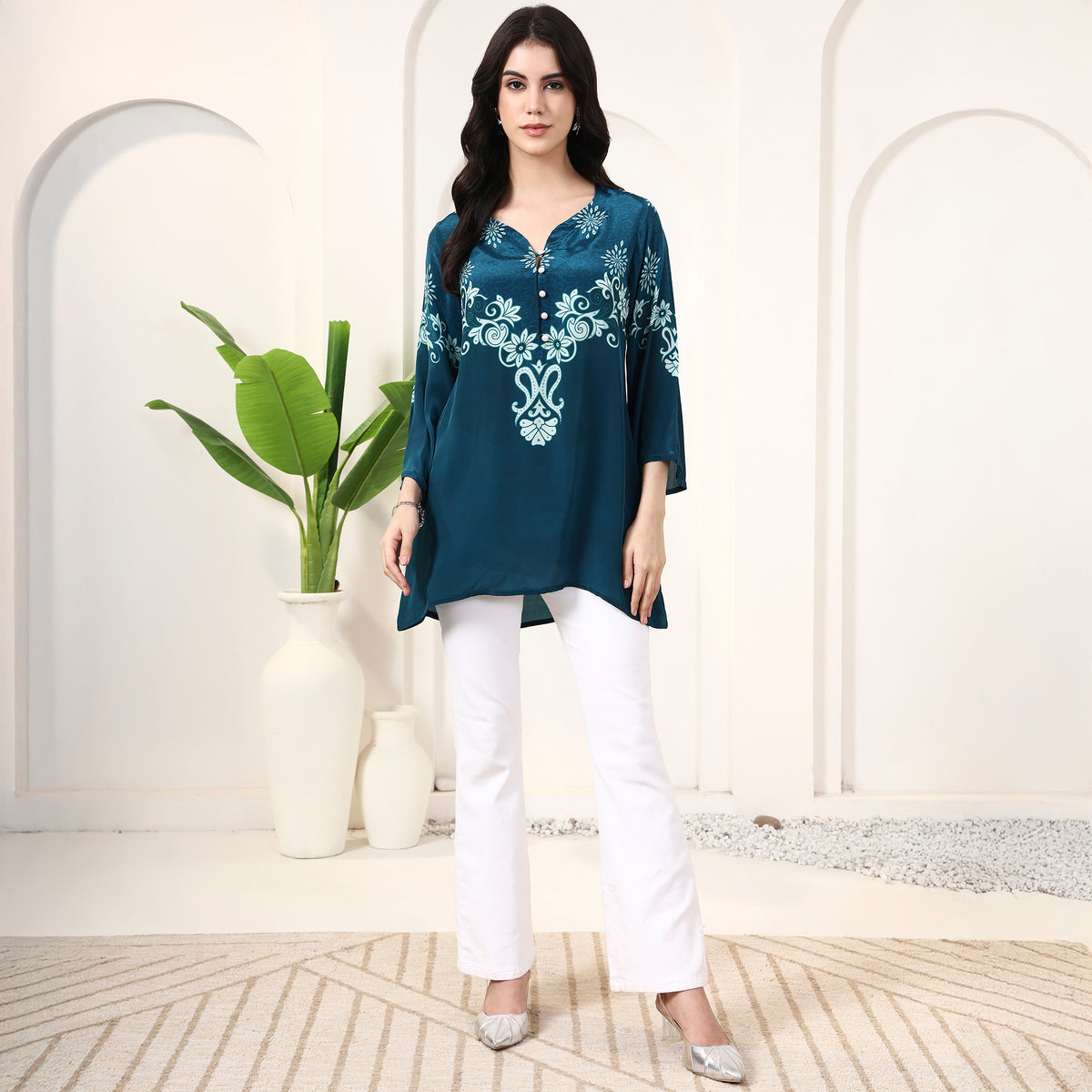 Teal Floral Print Top for Women – Viscose Crepe – Close Up | First Resort by Ramola Bachchan