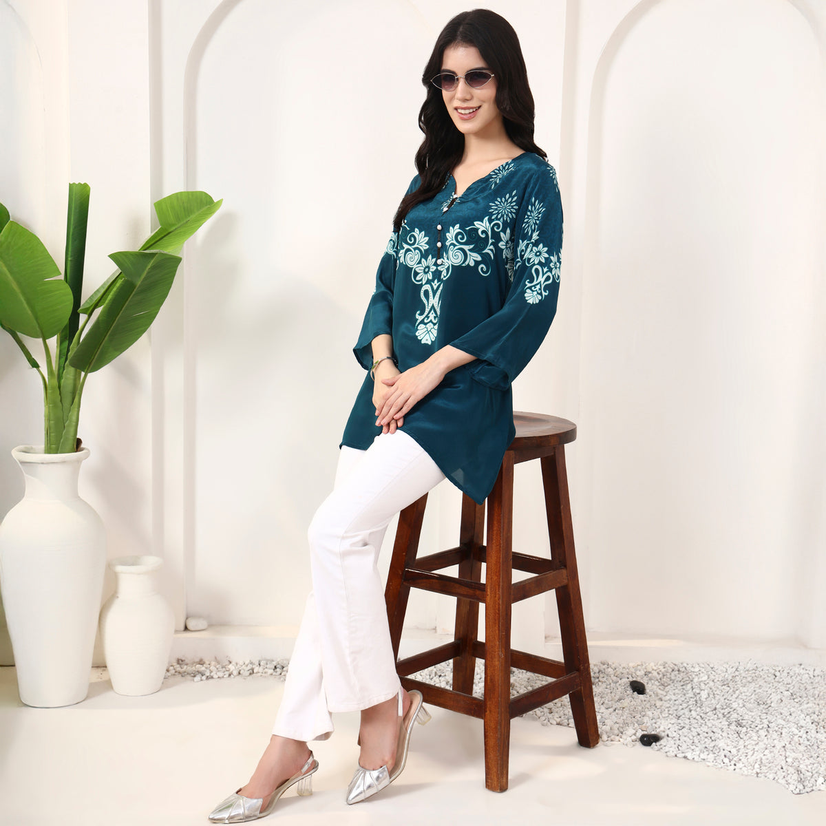 Teal Floral Print Top for Women – Viscose Crepe | First Resort by Ramola Bachchan