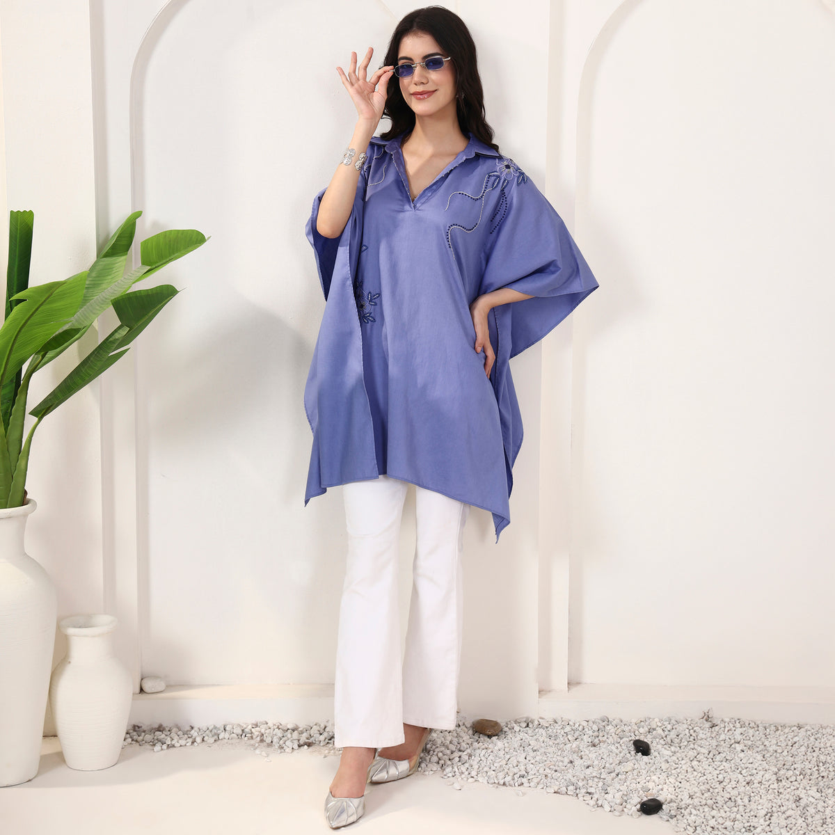 Blue Top for Women – Cotton Satin – Front View | First Resort by Ramola Bachchan