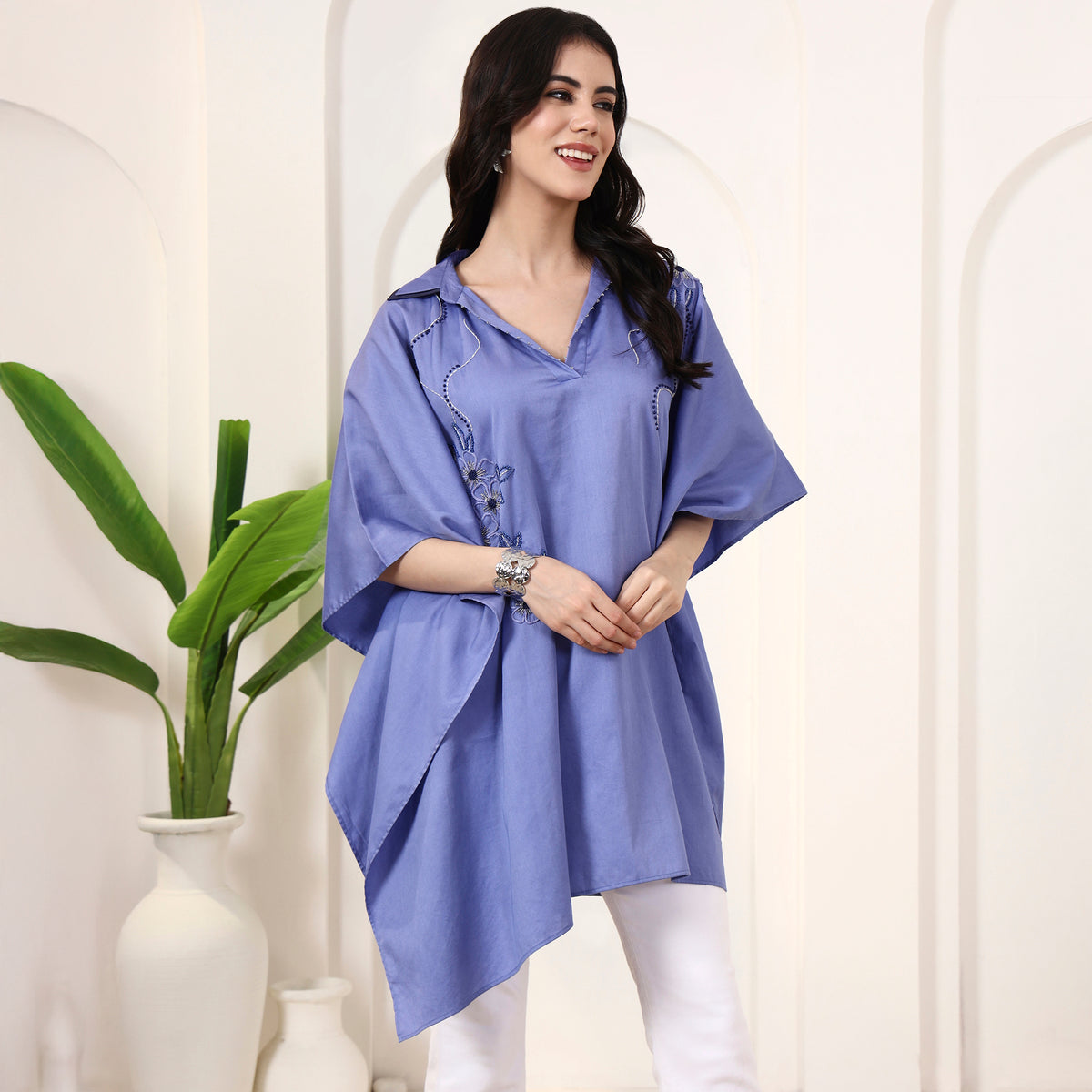 Blue Top for Women – Cotton Satin – Model View | First Resort by Ramola Bachchan