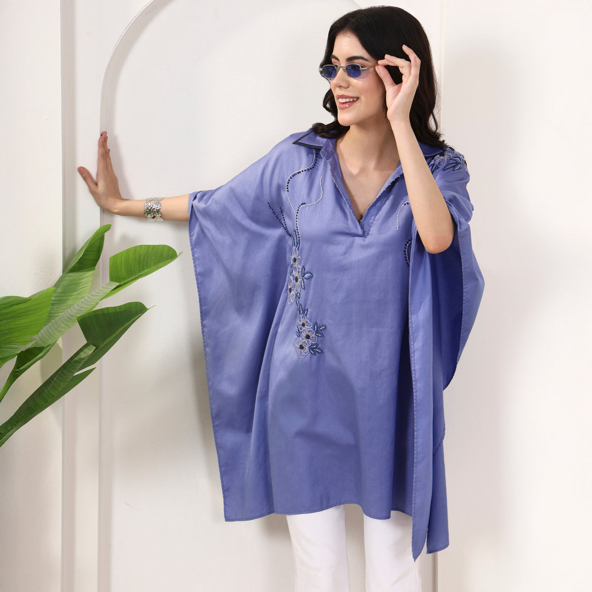Blue Top for Women – Cotton Satin – Side View | First Resort by Ramola Bachchan