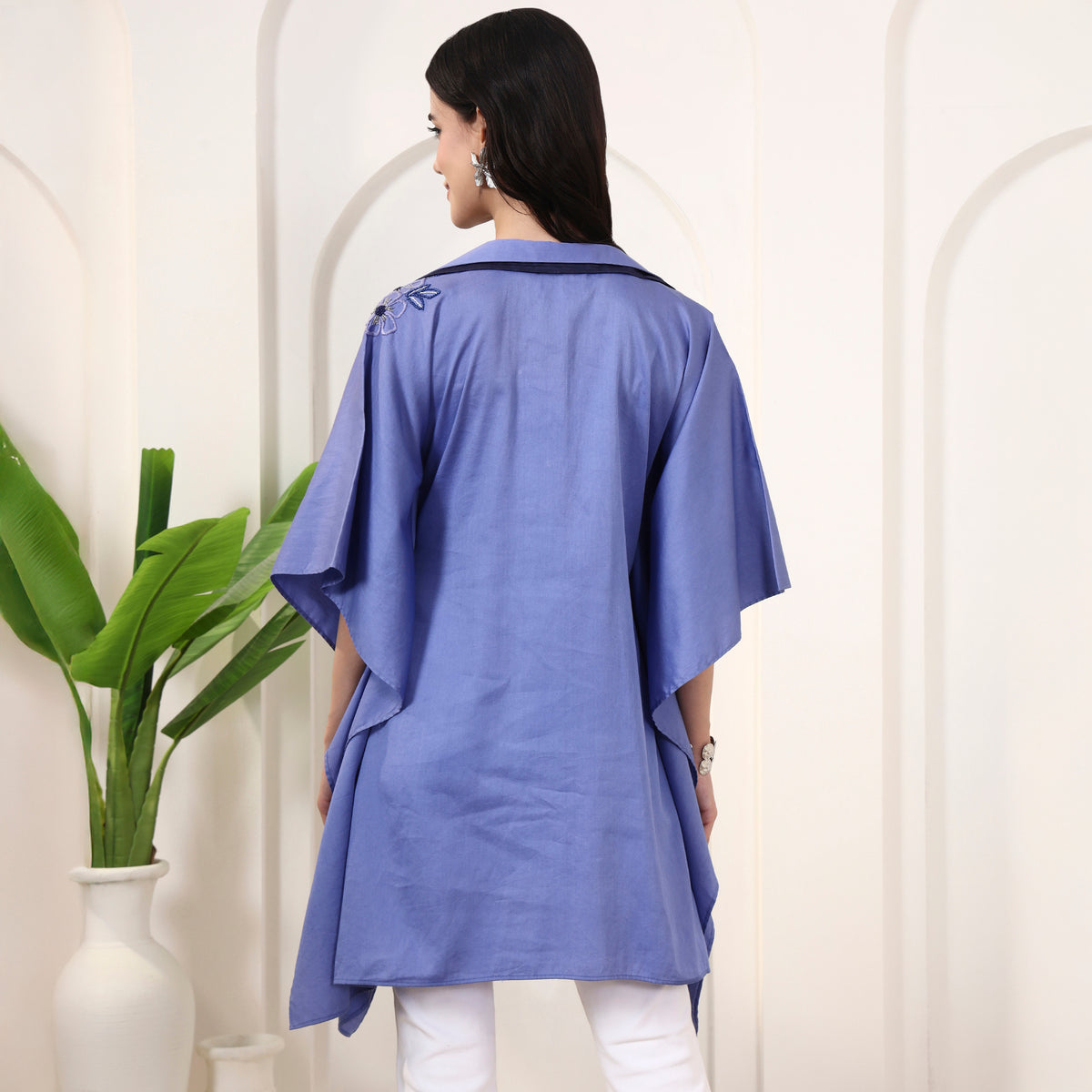 Blue Top for Women – Cotton Satin – Detail View | First Resort by Ramola Bachchan