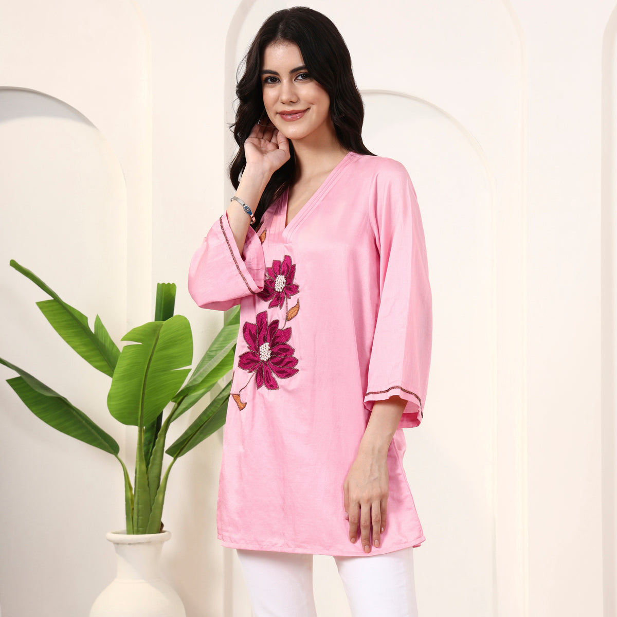 Pink Top for Women – Cotton Satin – Model View | First Resort by Ramola Bachchan